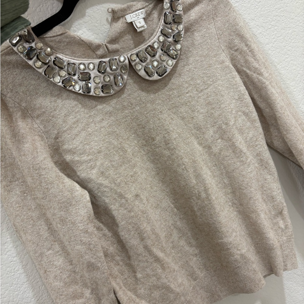 J. Crew Cream Crew Neck Sweater with Embellished Collar